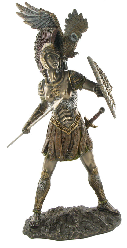 Athena cold cast bronze statue front view with shield spear and owl Greek mythology collectible