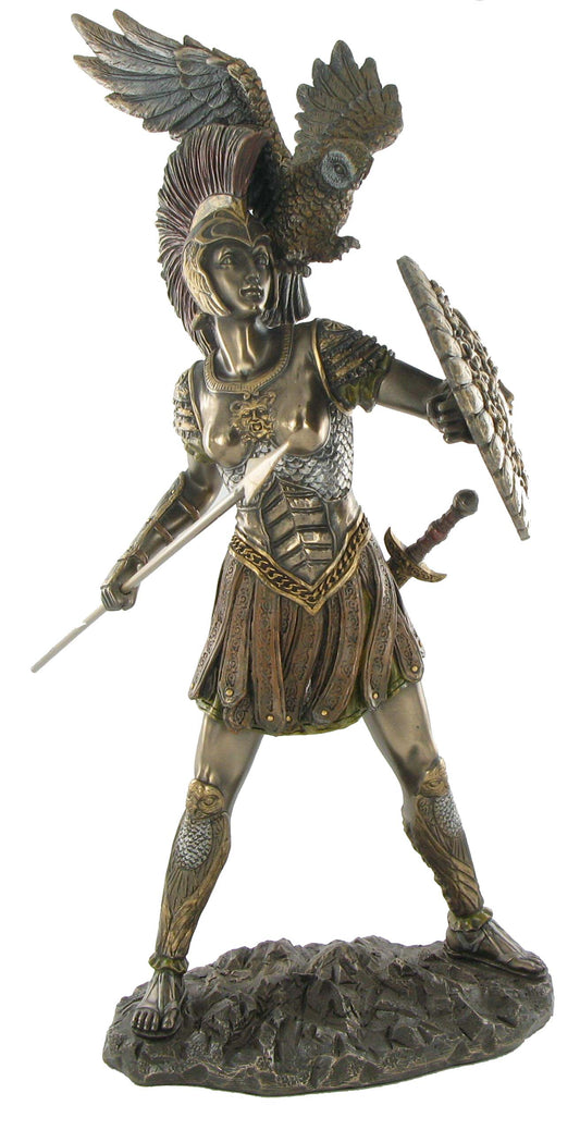 Athena cold cast bronze statue front view with shield spear and owl Greek mythology collectible