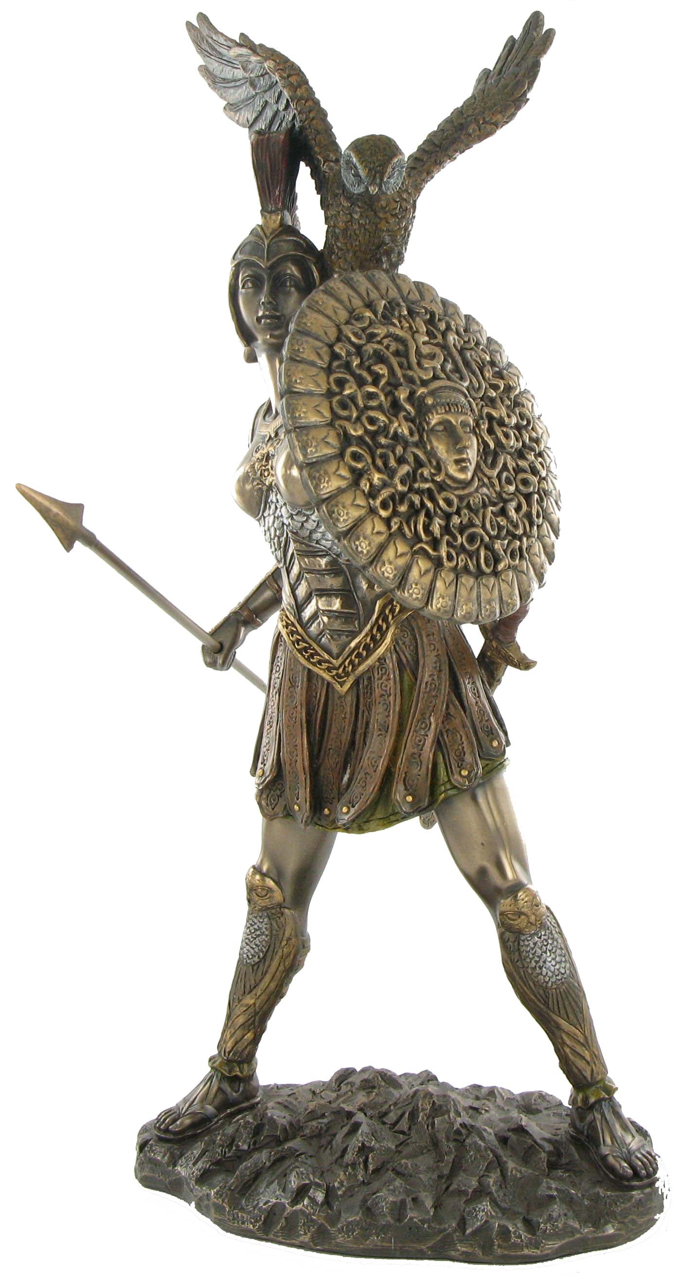 Athena bronze statue angled view showing detailed shield and armor Greek mythology sculpture