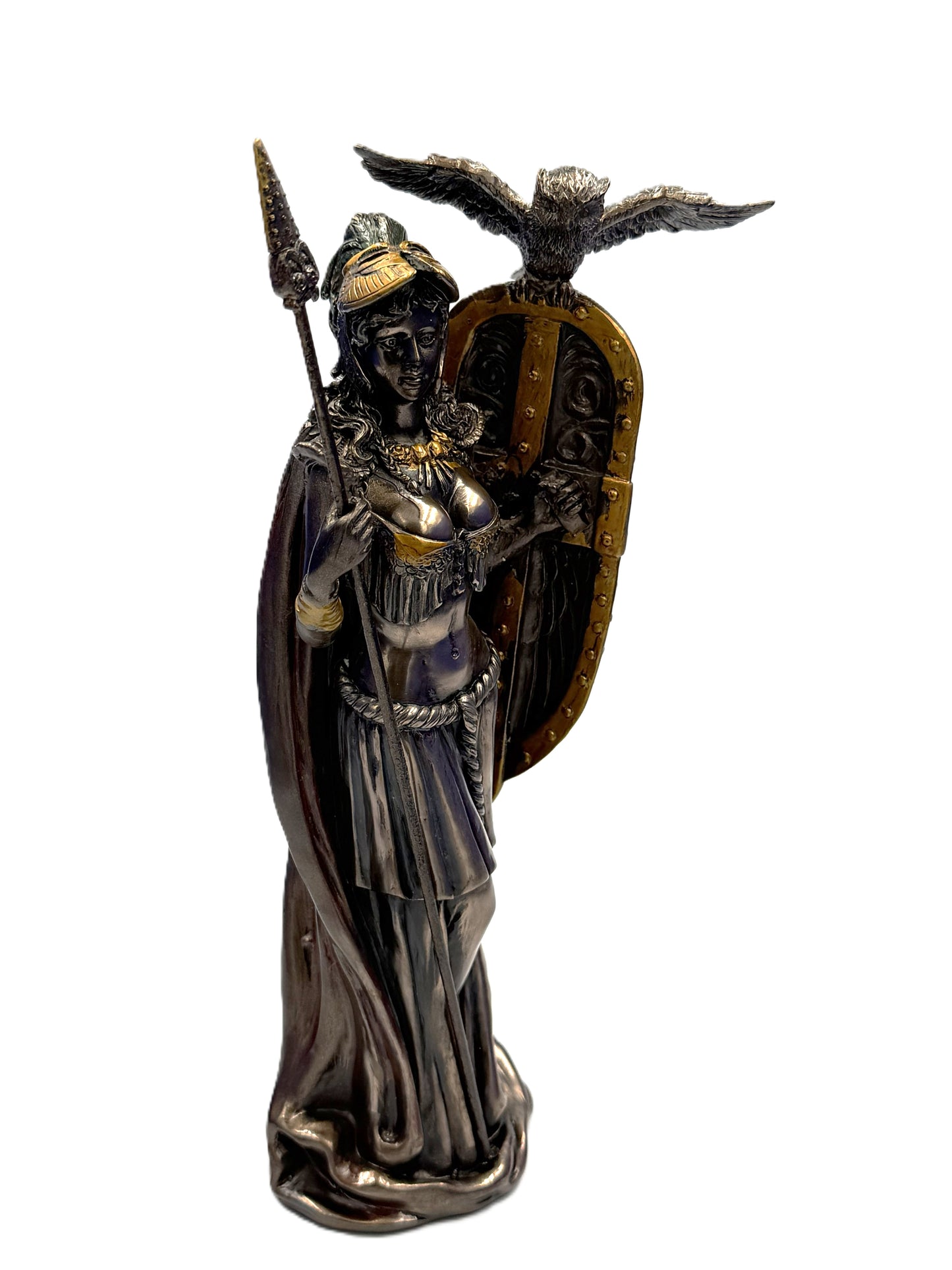Angled view of Athena statue highlighting facial detail, armor, and shield with owl
