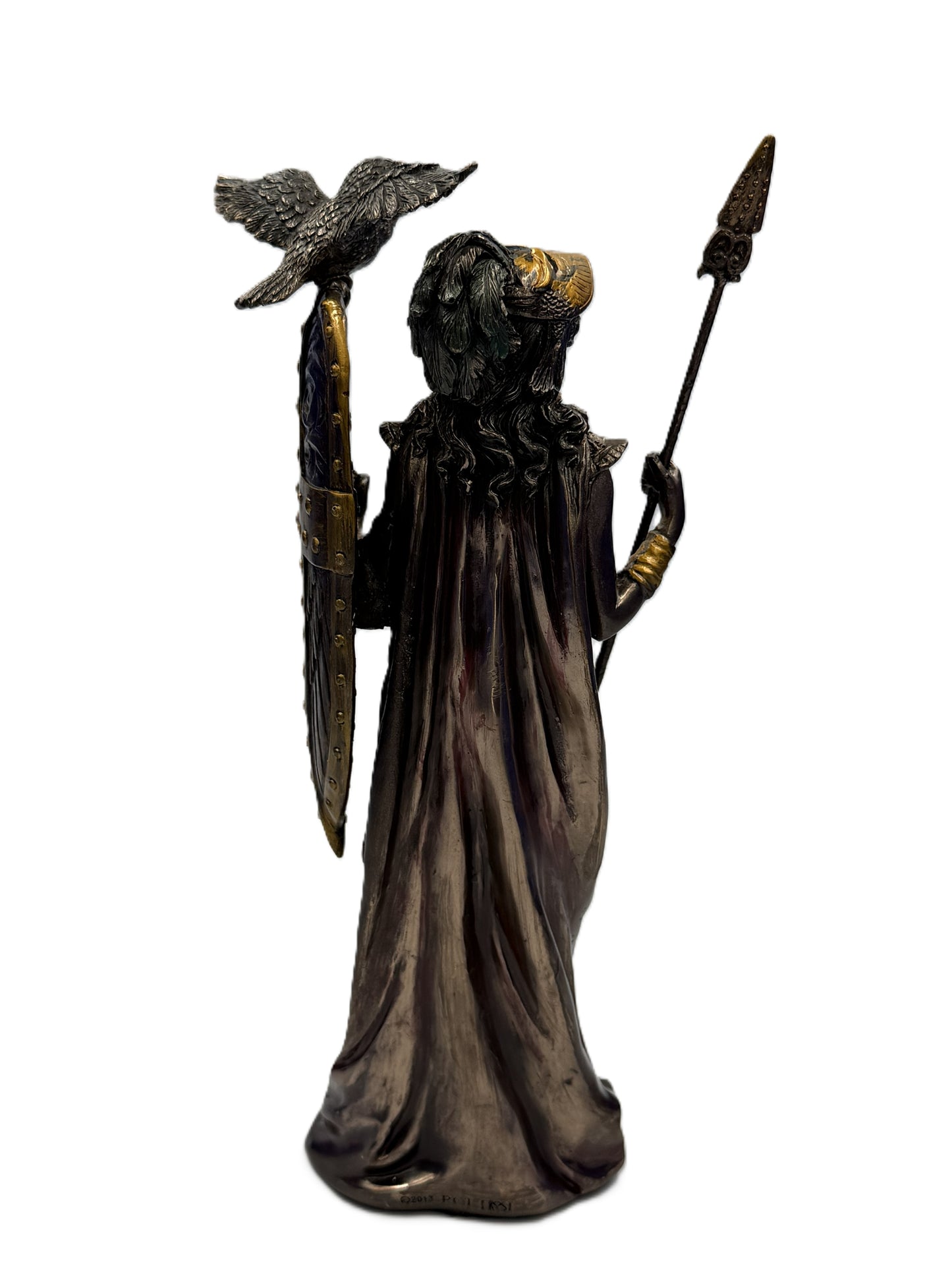 Back view of Athena goddess figurine with flowing robe and shield design
