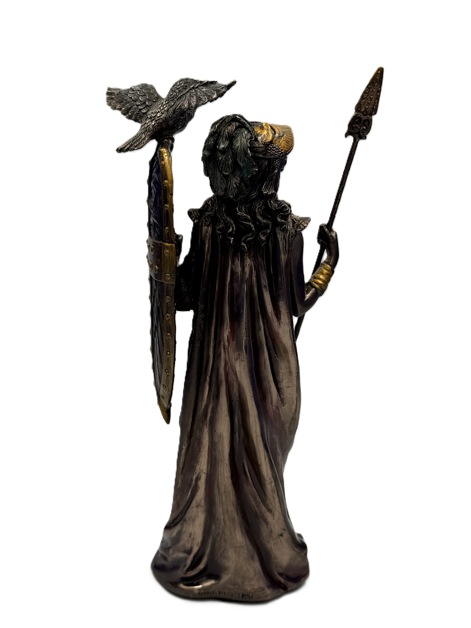 Back view of Athena goddess figurine with flowing robe and shield design
