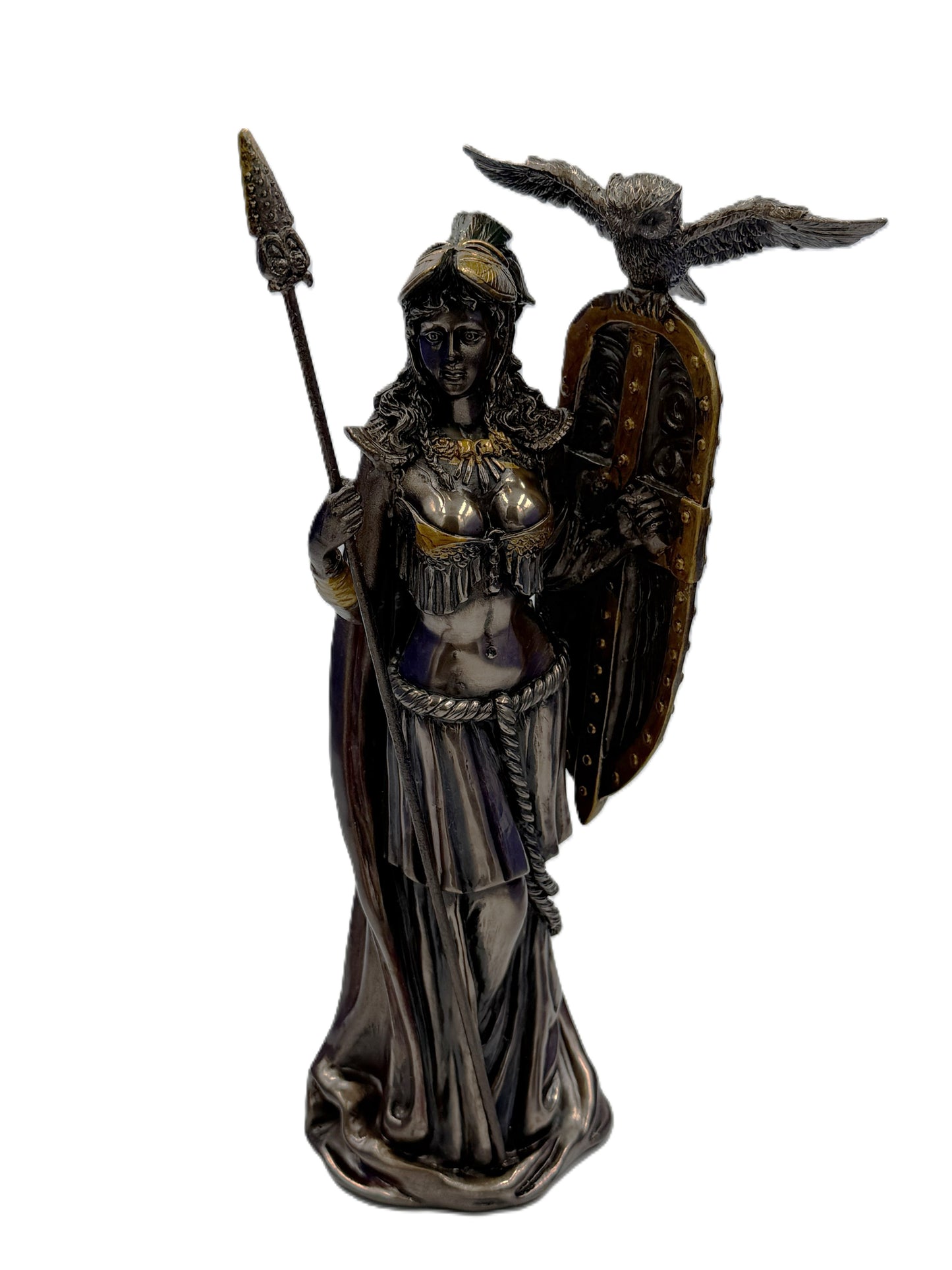 Front view of Athena Greek goddess statue holding spear and shield with owl perched on shield
