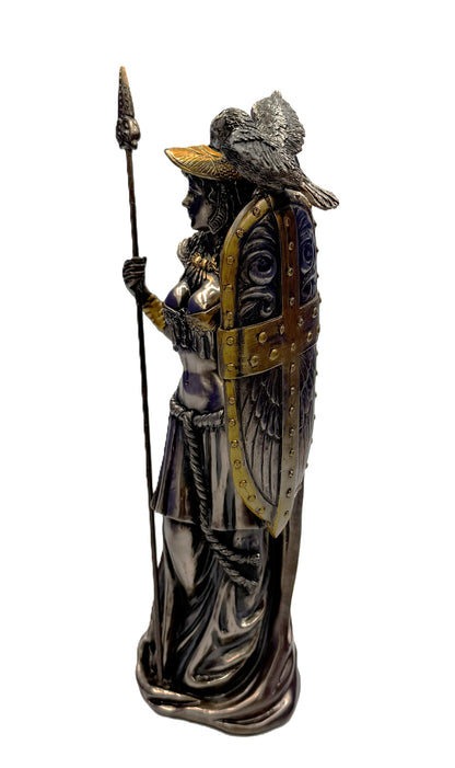 Side view of Athena statue showing detailed armor, spear, and owl on shield

