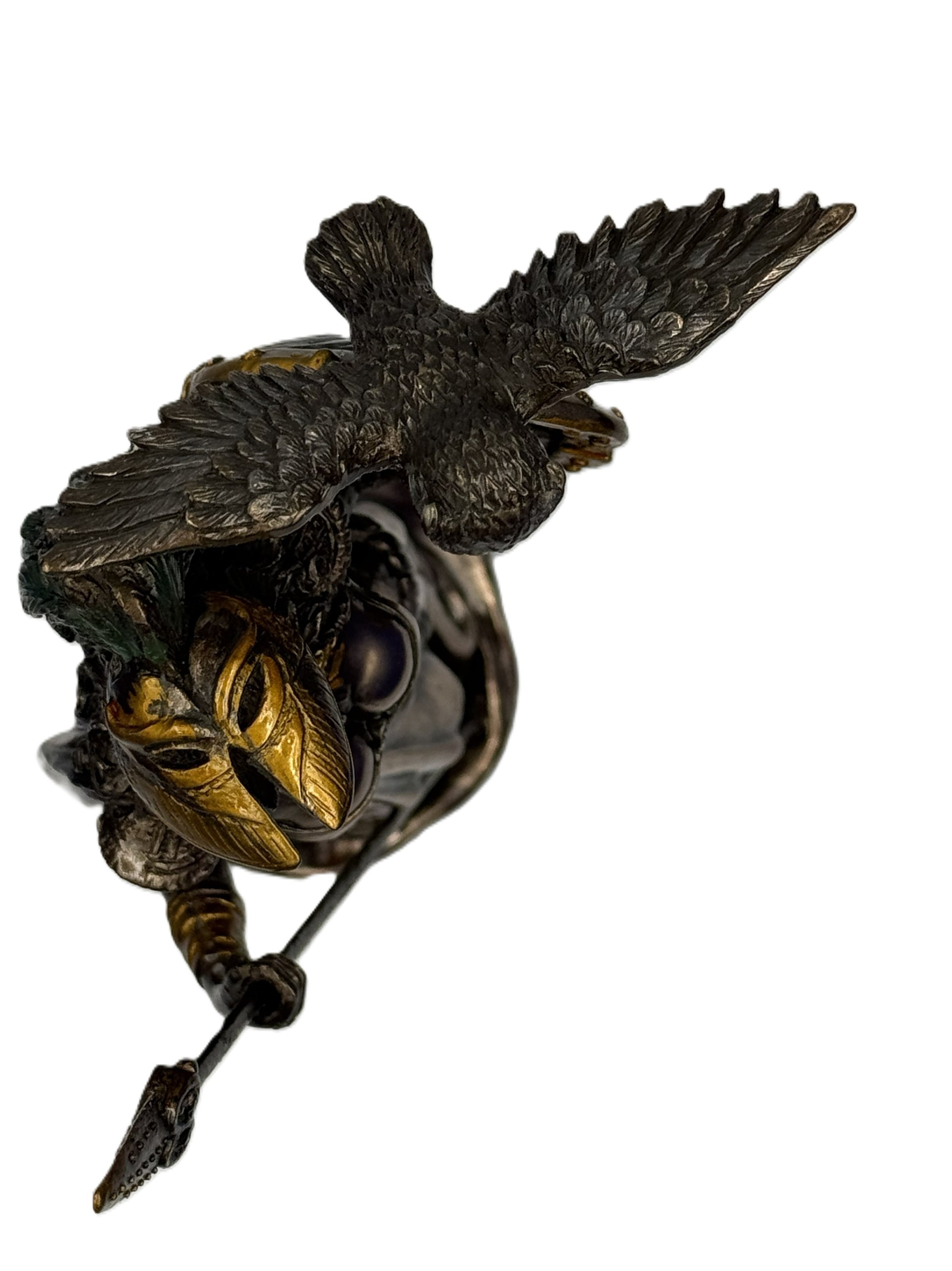 Top view of Athena Greek goddess statue showing spear and owl positioning
