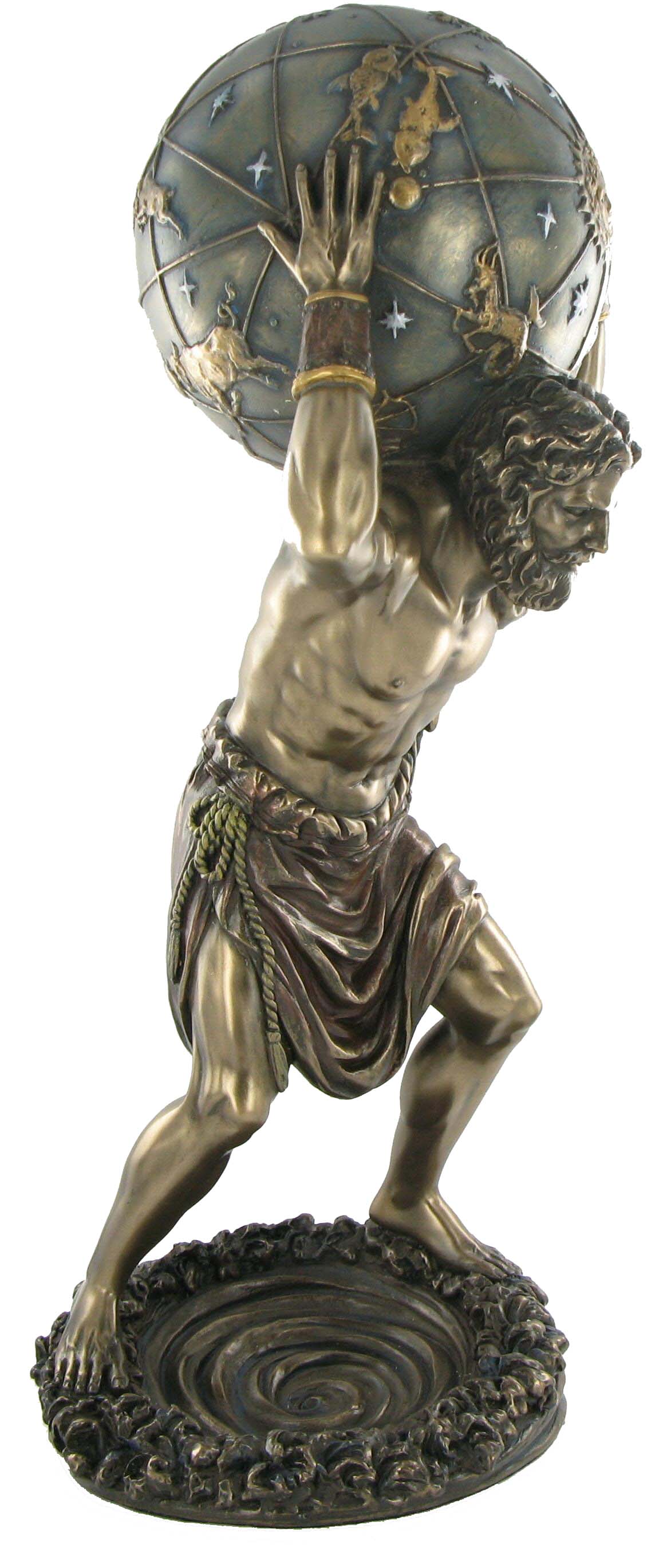 Atlas bronze statue angled view detailed globe and figure mythology sculpture