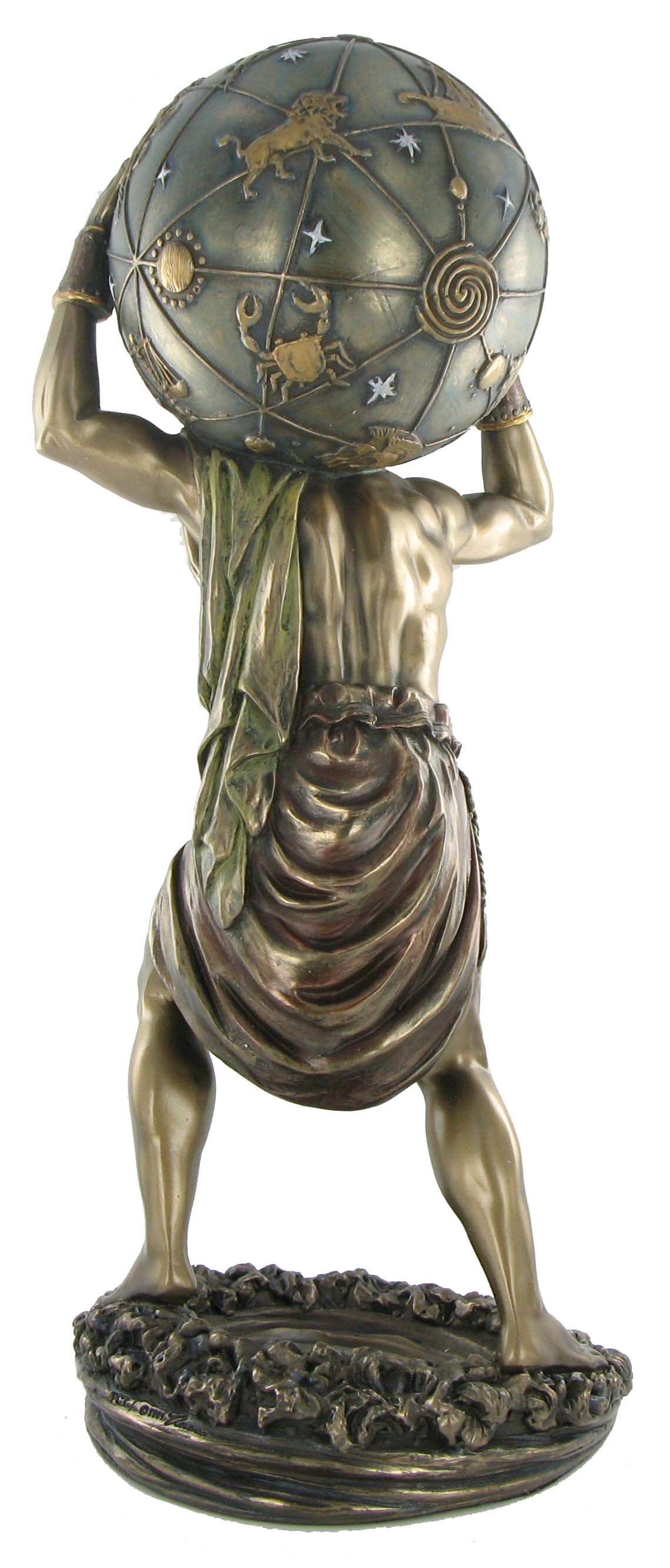 Atlas bronze statue back view showing globe detail and muscular figure sculpture