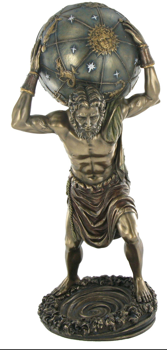 Atlas cold cast bronze statue front view holding globe detailed mythology collectible