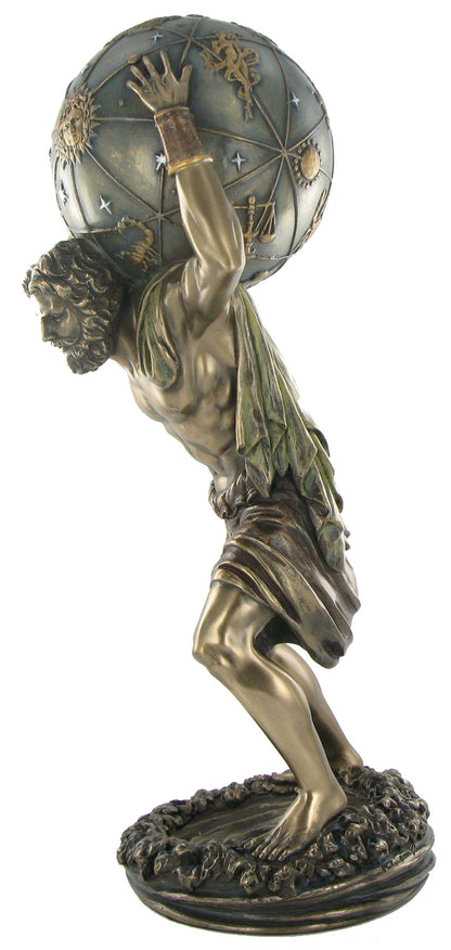 Atlas cold cast bronze statue side view holding globe detailed collectible sculpture