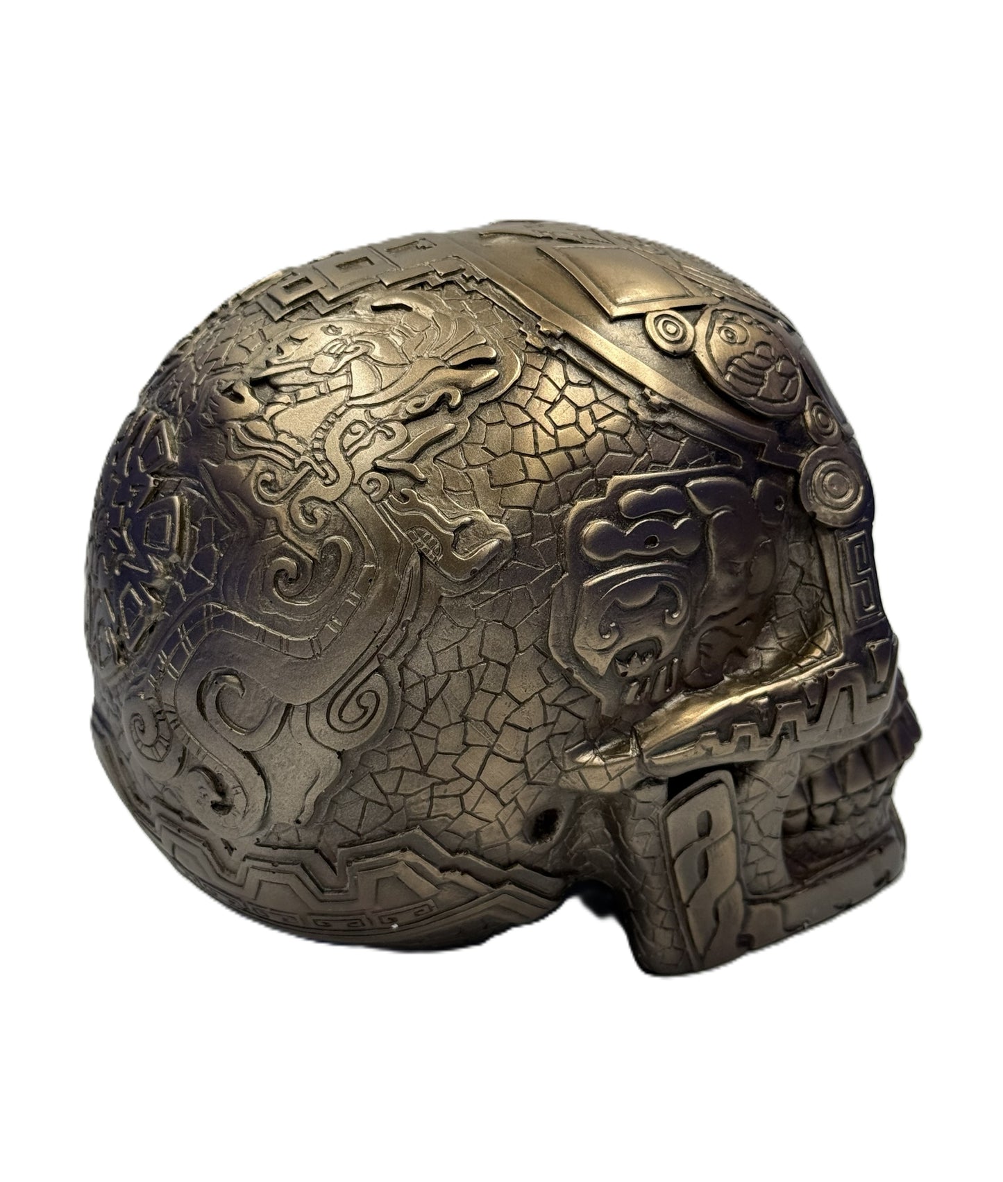 Rear angled view highlighting Aztec engravings and cracked texture design on skull statue
