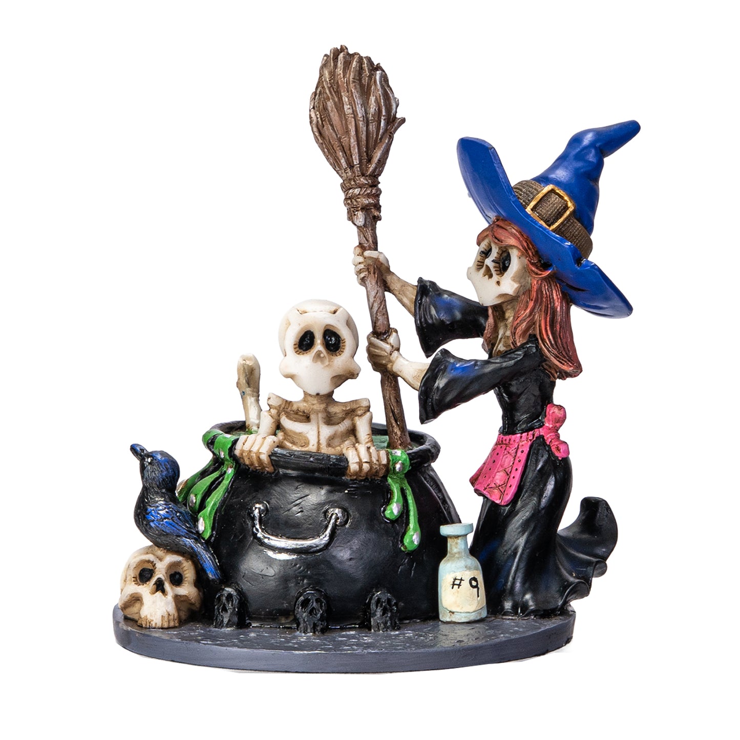 Front view of witch stirring skeleton in cauldron figurine by David Lozeau
