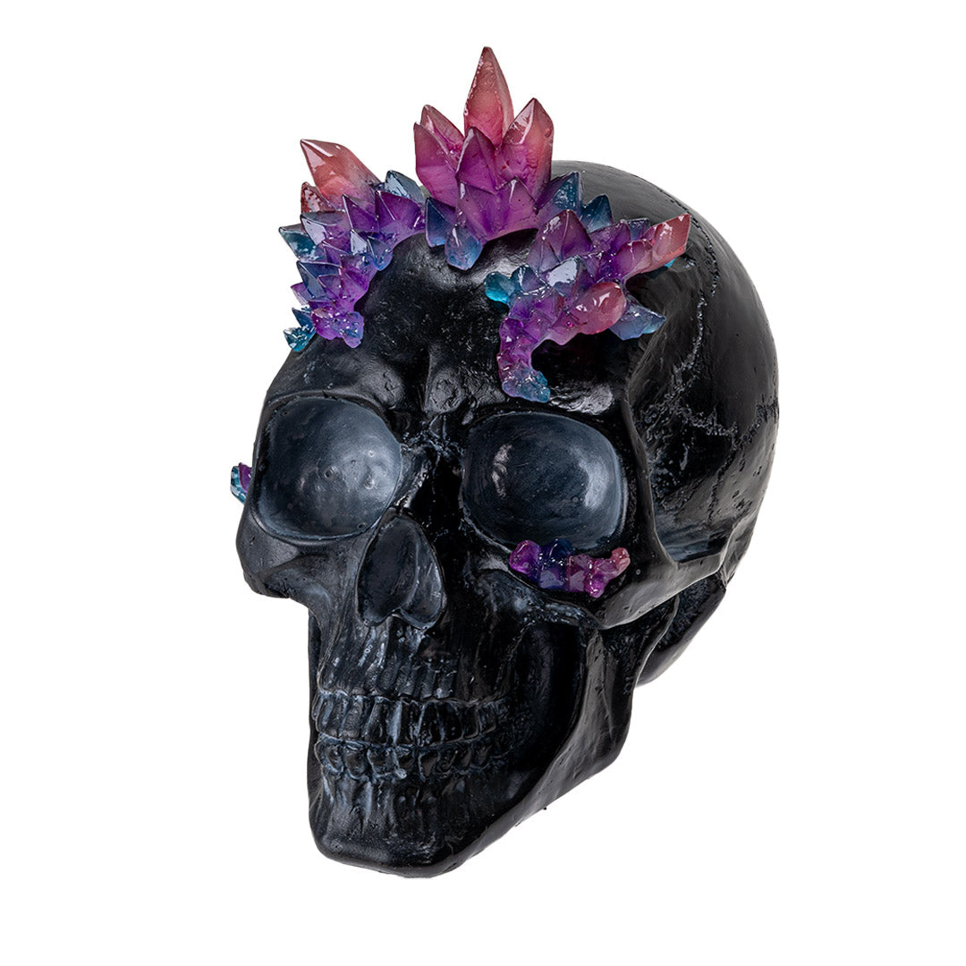 Left angle view of gothic black skull with colorful crystal accents
