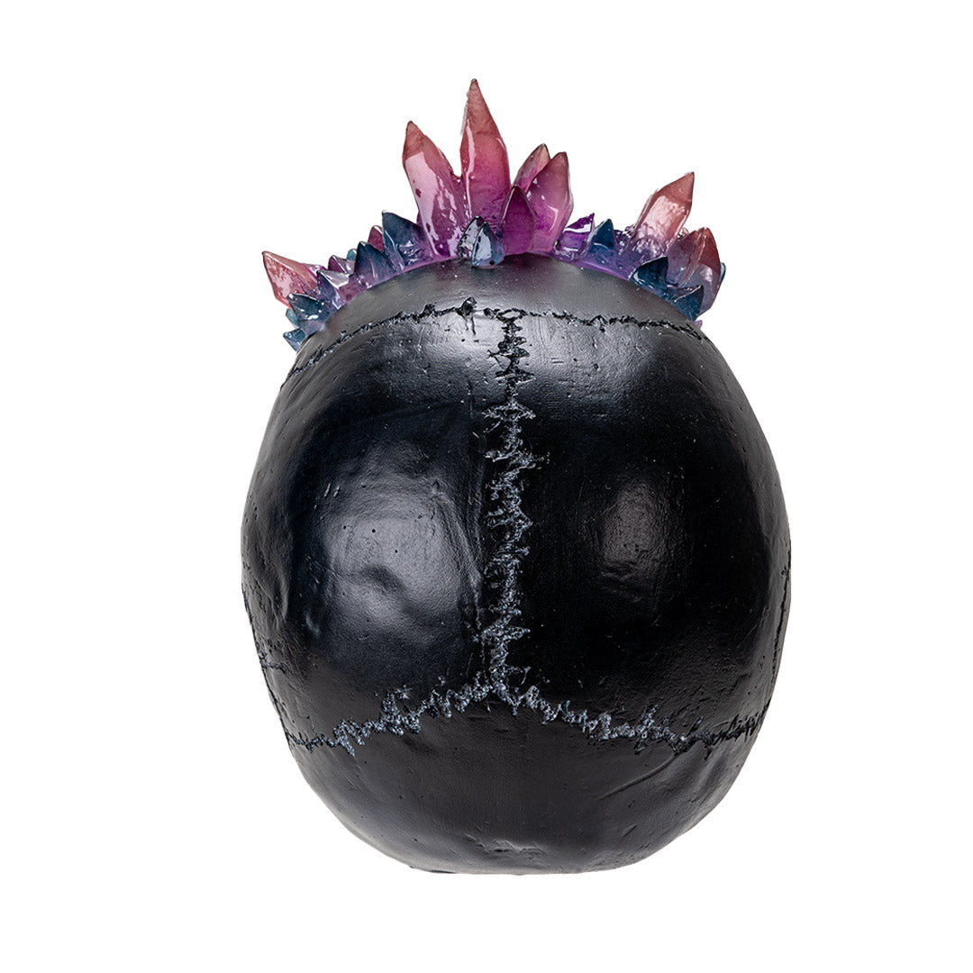 Back view of black skull showing textured surface and crystal crown detail

