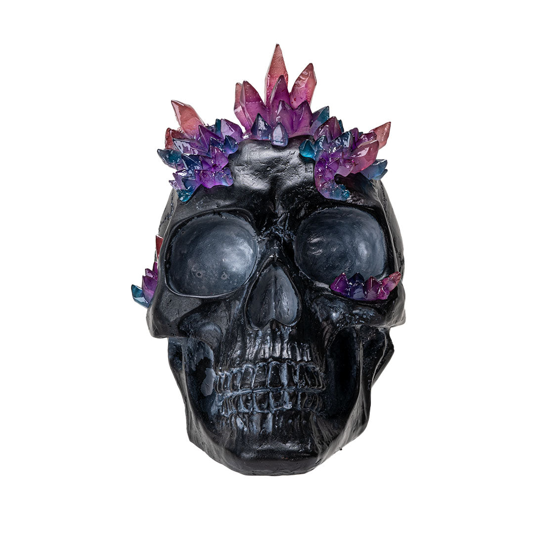 Front view of black skull with colorful crystal crown and glossy finish
