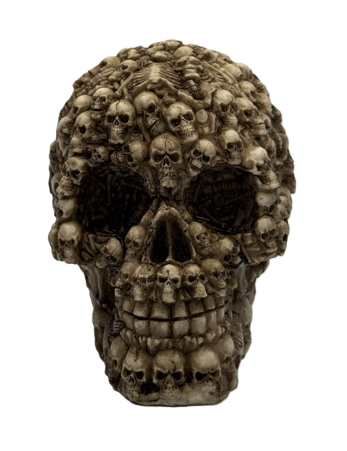 Front view of large skull sculpture composed of many smaller skulls creating a dramatic gothic decor piece
