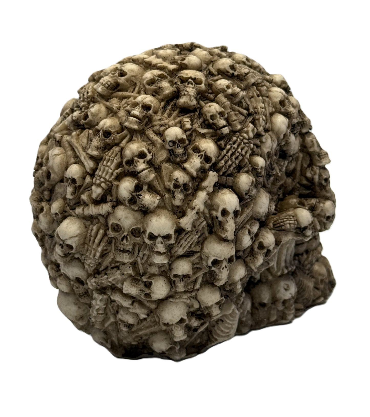 Rear angled view of boneyard skull collectible with intricate bone textures and layered skull formations
