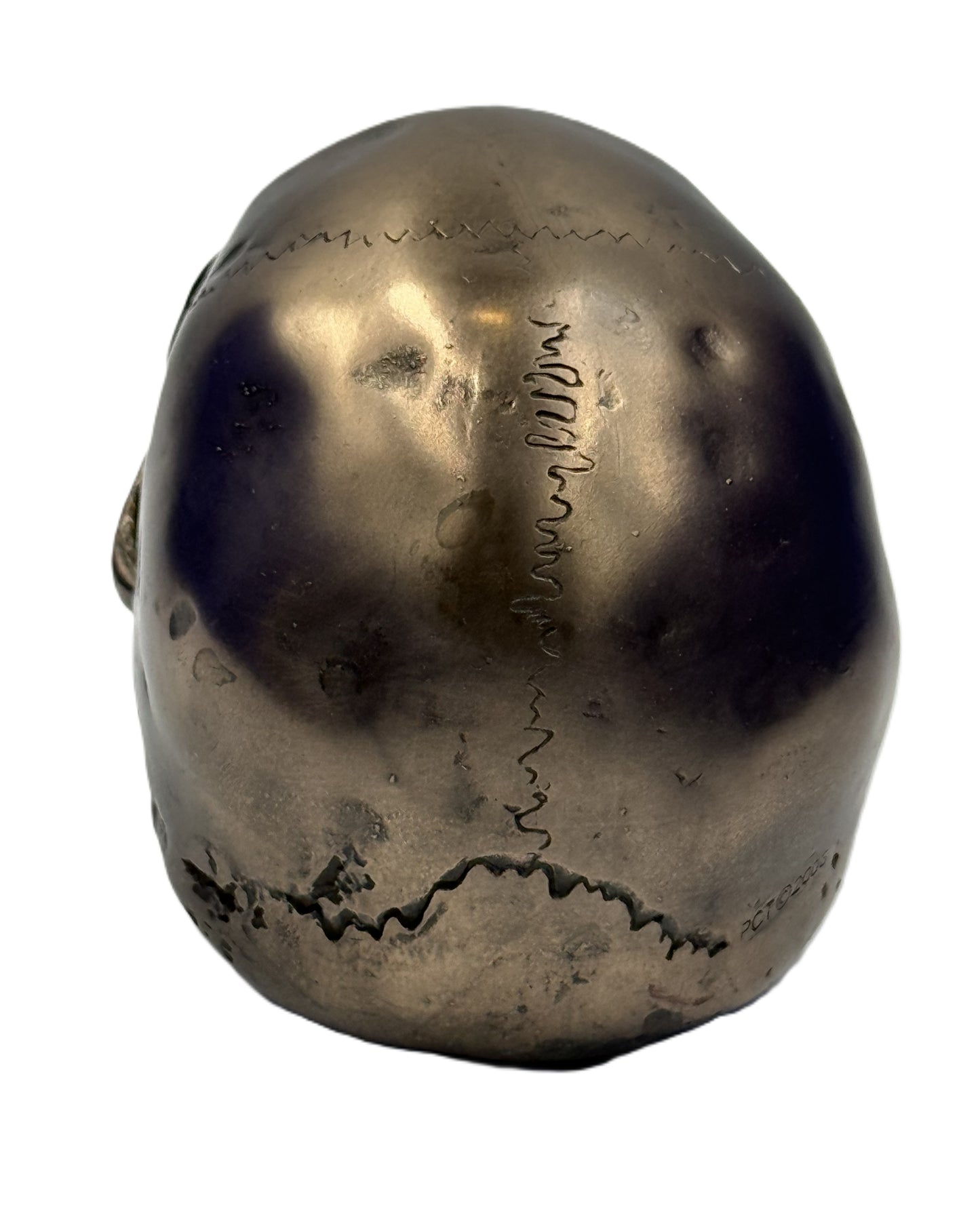 Back view of bronze skull statue showing textured surface cracks and antique finish gothic decor piece
