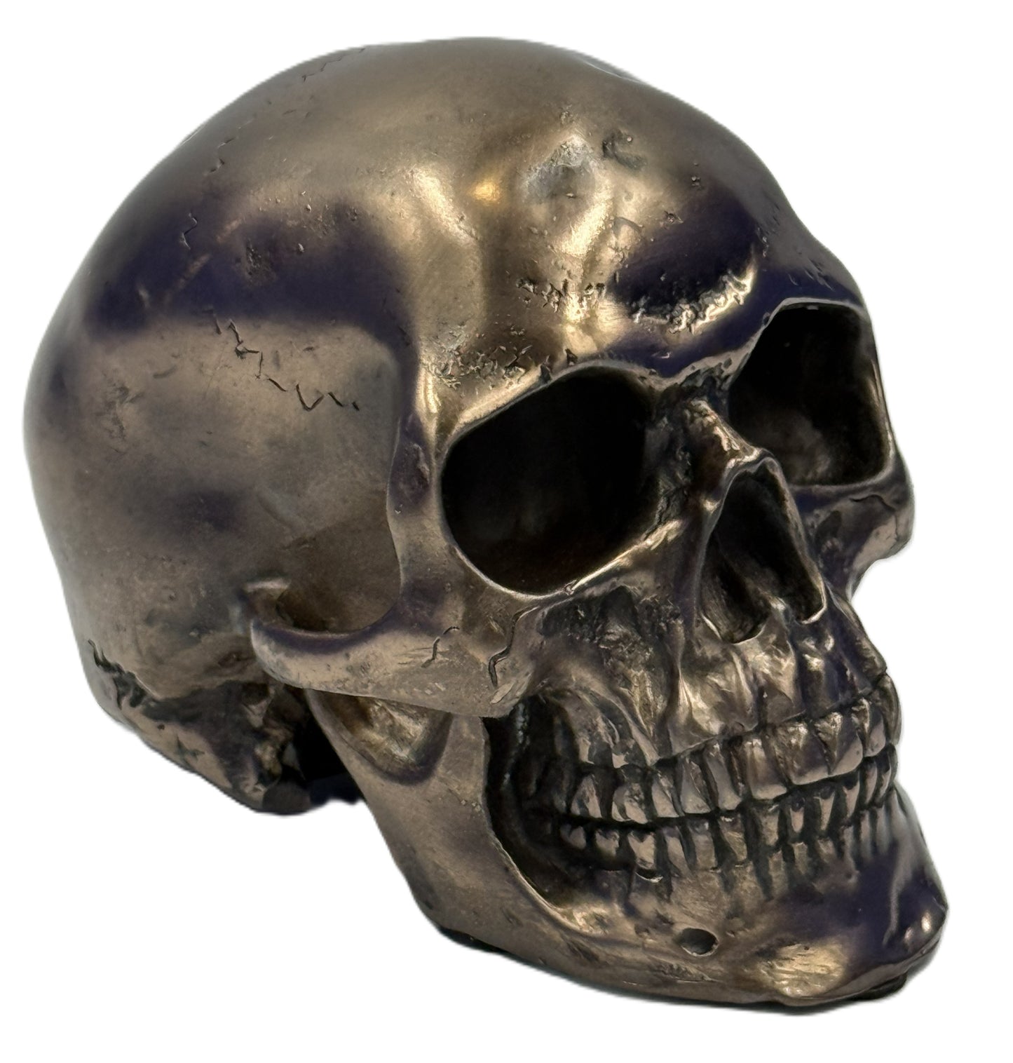 Angled front view of gothic bronze skull statue with realistic teeth detailing and aged texture
