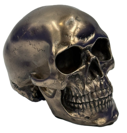Angled front view of gothic bronze skull statue with realistic teeth detailing and aged texture
