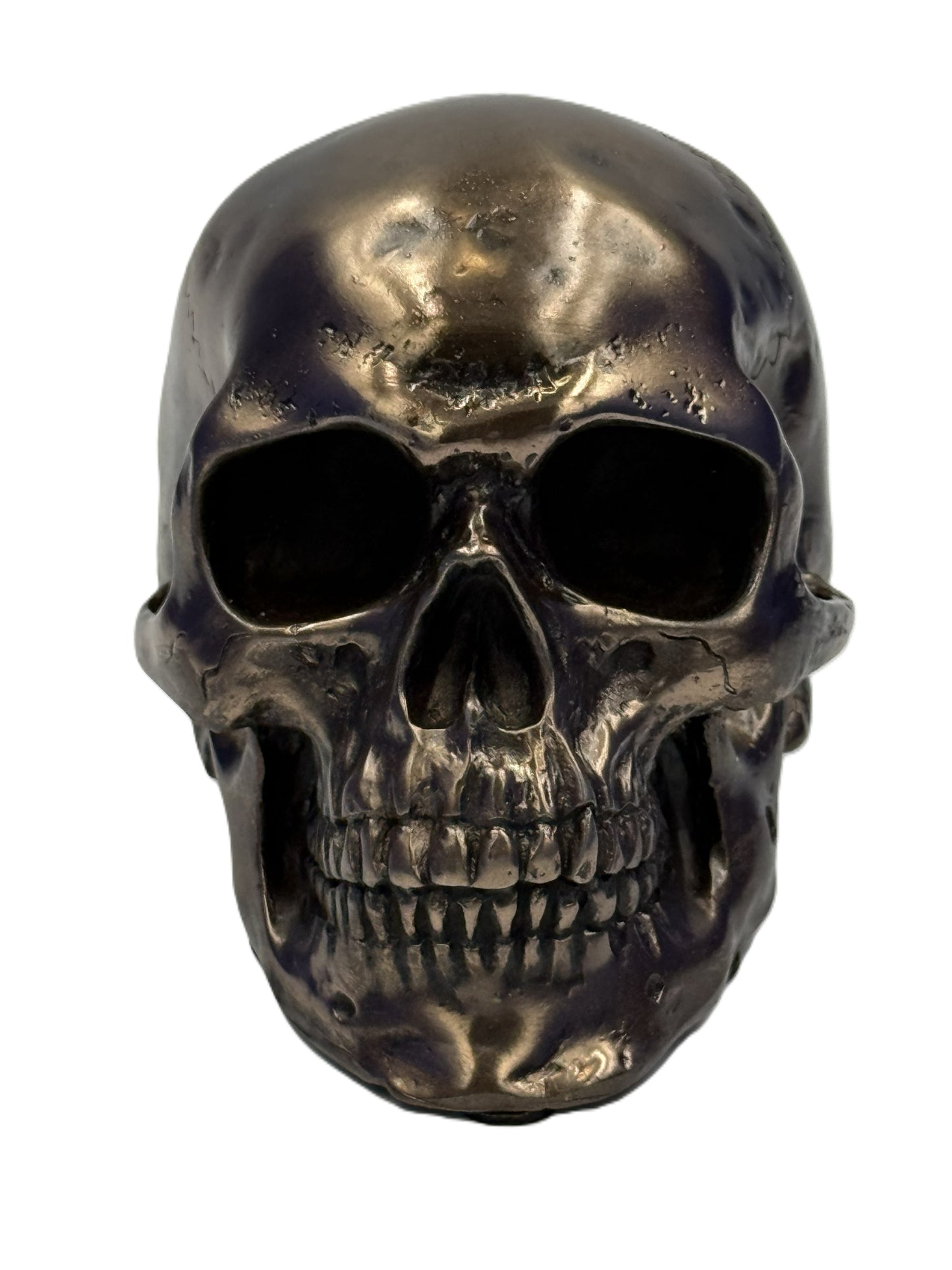 Front view of small bronze skull statue with hollow eyes and detailed teeth gothic decor collectible
