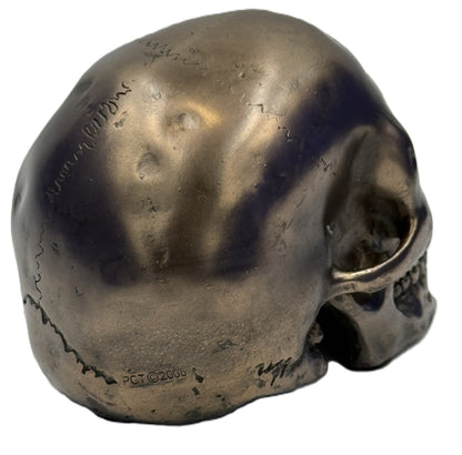 Side view of small bronze skull figurine highlighting sculpted bone structure and weathered finish
