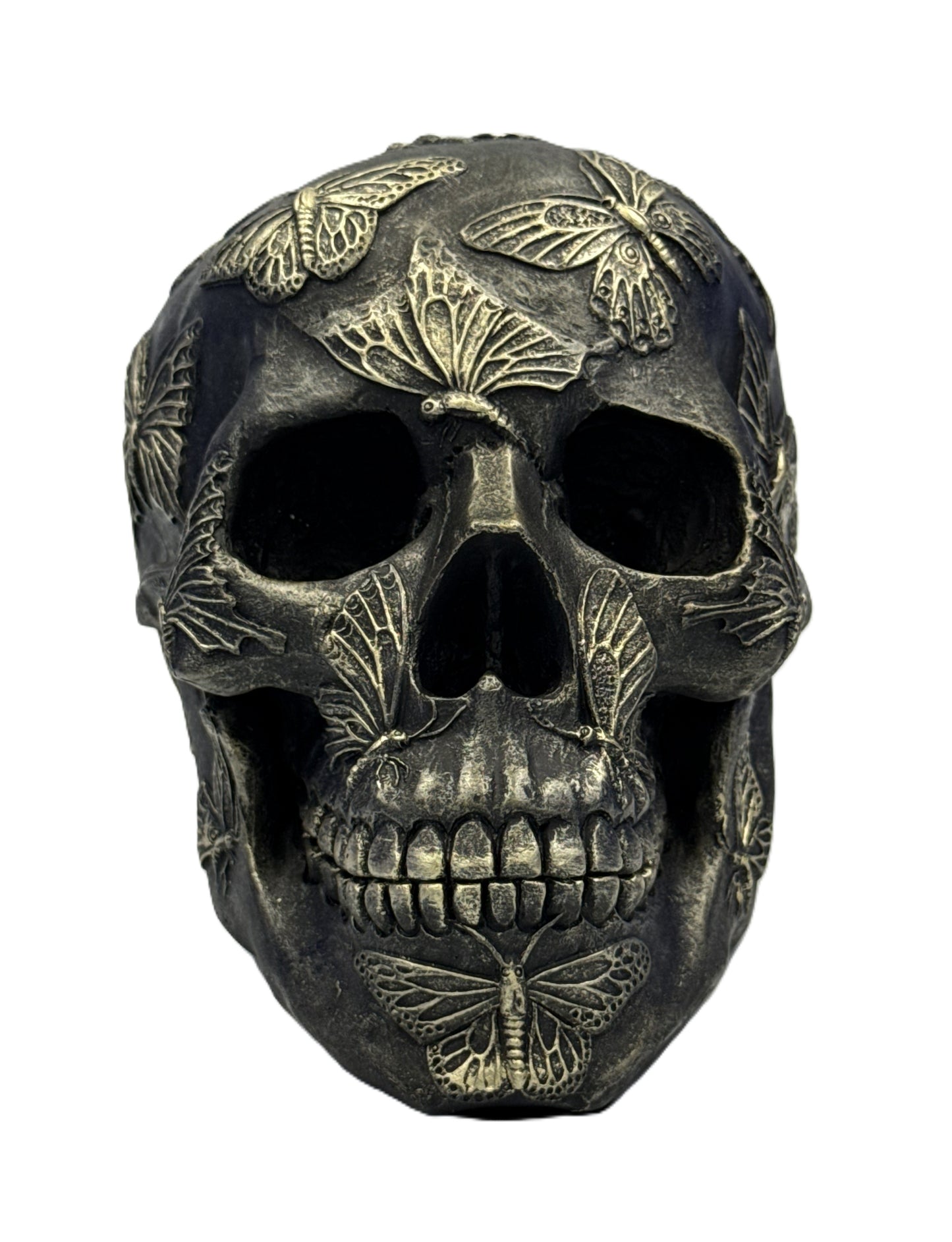 Front view of gothic butterfly skull resin statue with detailed butterflies covering the skull surface
