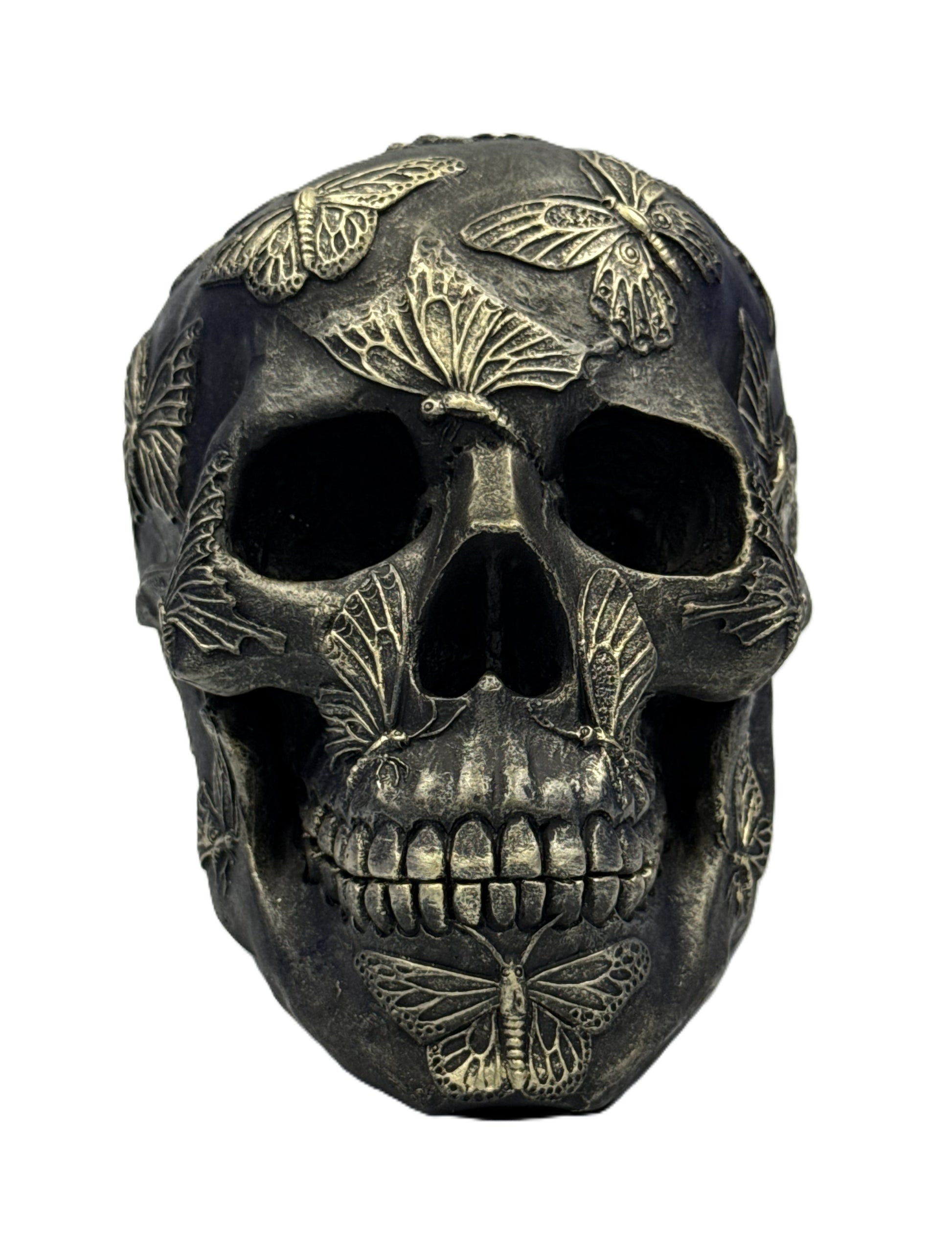 Front view of gothic butterfly skull resin statue with detailed butterflies covering the skull surface

