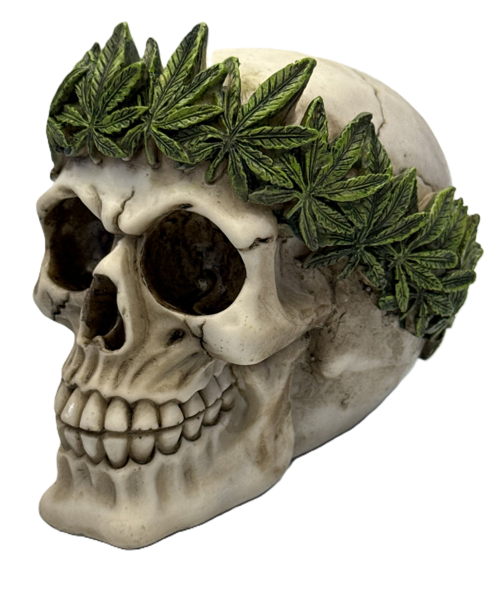 Front angled view of hand painted skull statue with green cannabis leaf crown and realistic bone detailing
