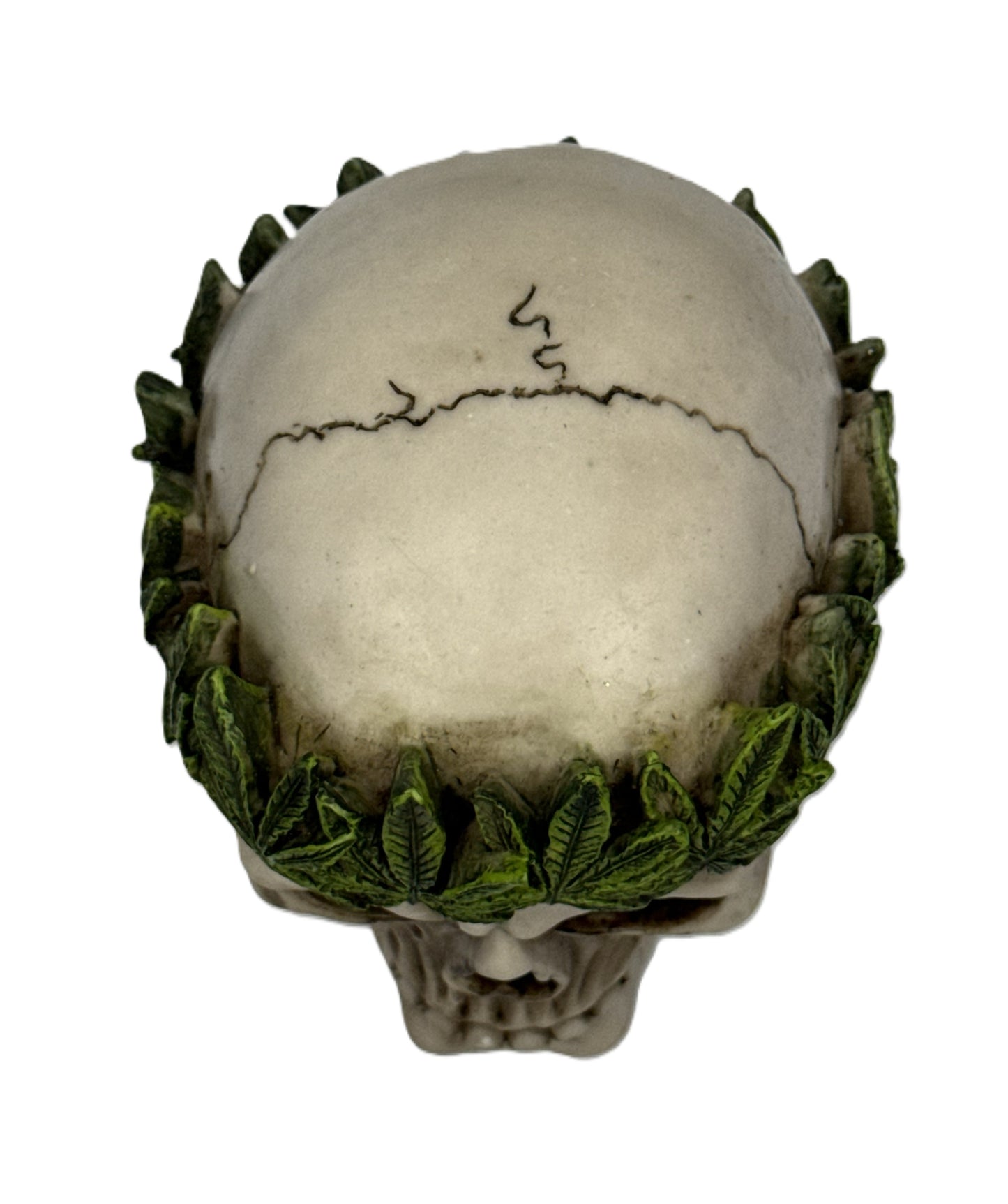 Top back view of skull sculpture highlighting leaf crown arrangement and cracked bone texture
