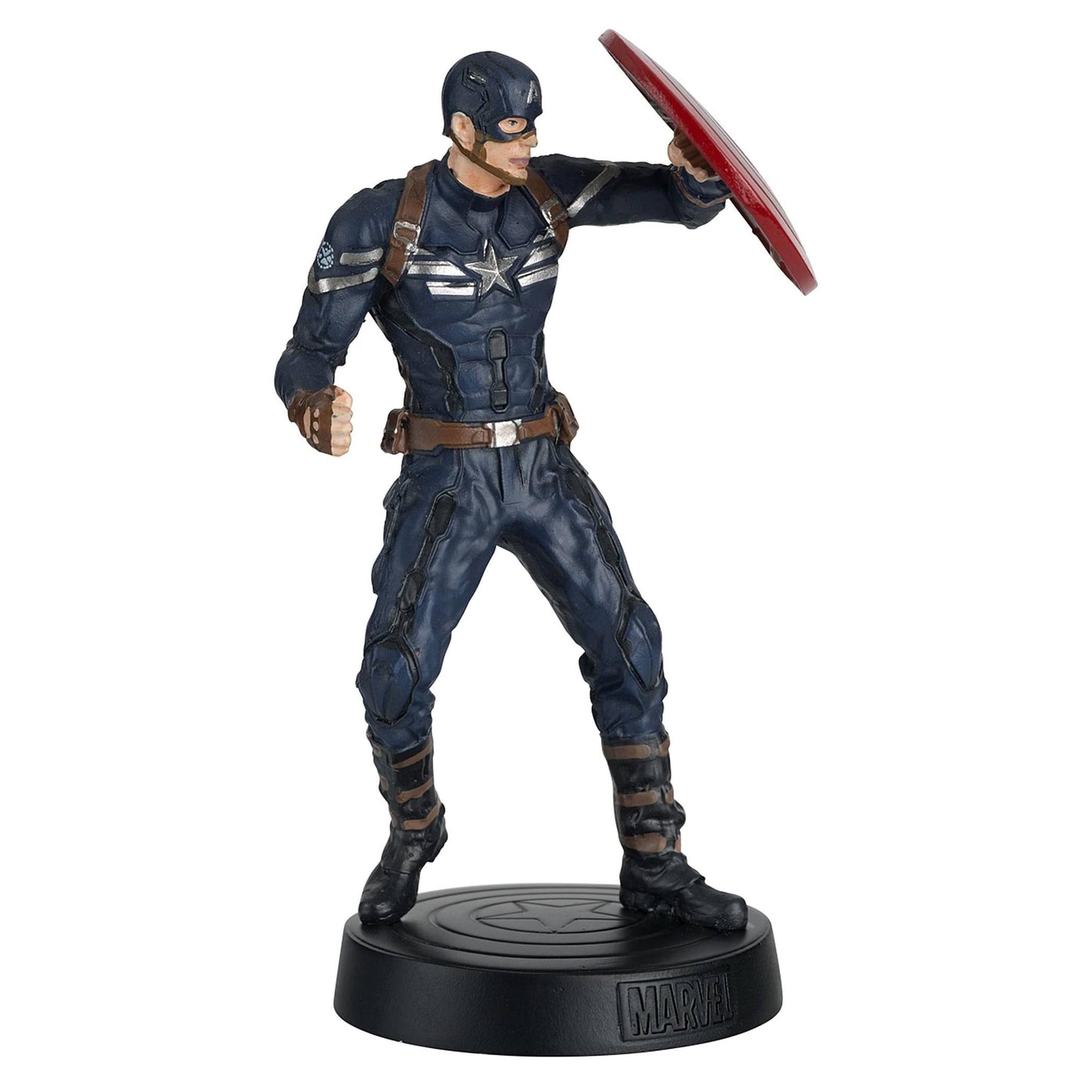 angled view of Captain America figurine with shield raised in action pose
