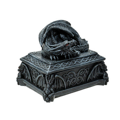 Angled view of gothic Celtic dragon box highlighting intricate carvings and sculpted dragons
