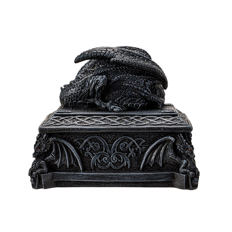 Back view of Celtic dragon box showing detailed wings and gothic design patterns
