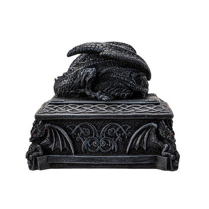 Back view of Celtic dragon box showing detailed wings and gothic design patterns
