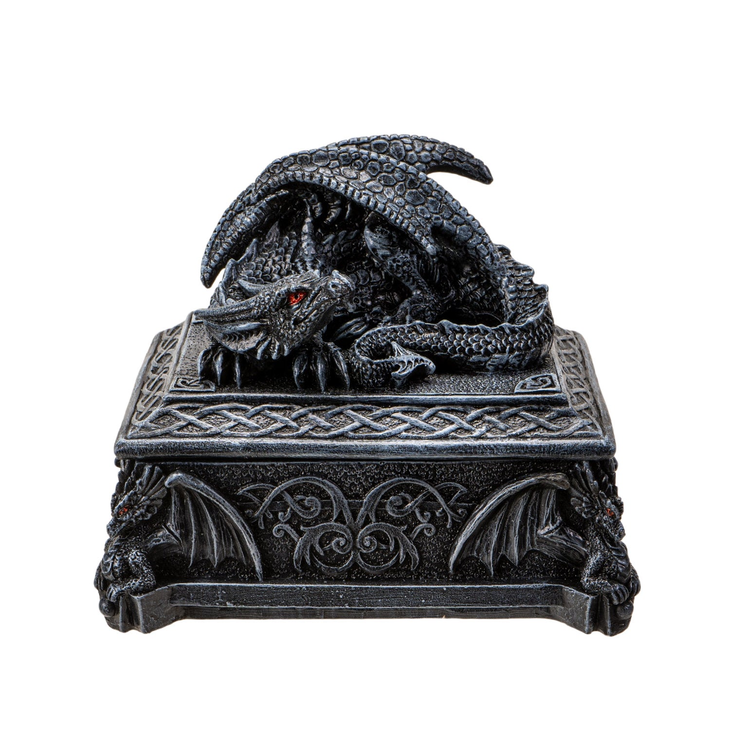 Celtic dragon trinket box front view with detailed dragon sculpture and gothic carvings
