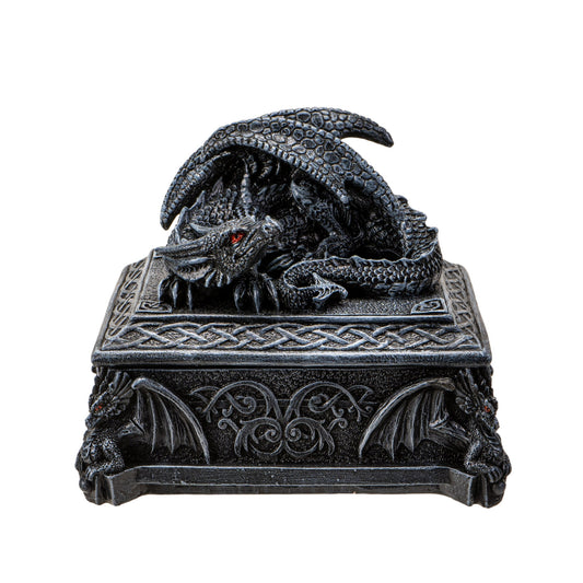 Celtic dragon trinket box front view with detailed dragon sculpture and gothic carvings
