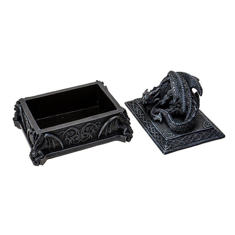 Celtic dragon trinket box open showing storage compartment and removable lid
