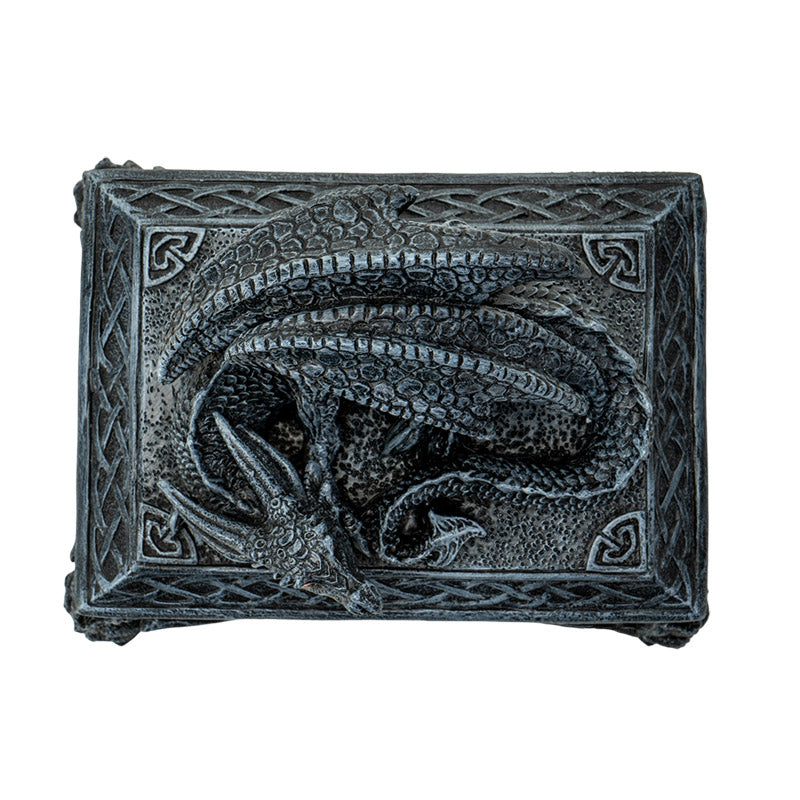 Top view of Celtic dragon box featuring coiled dragon with textured scales
