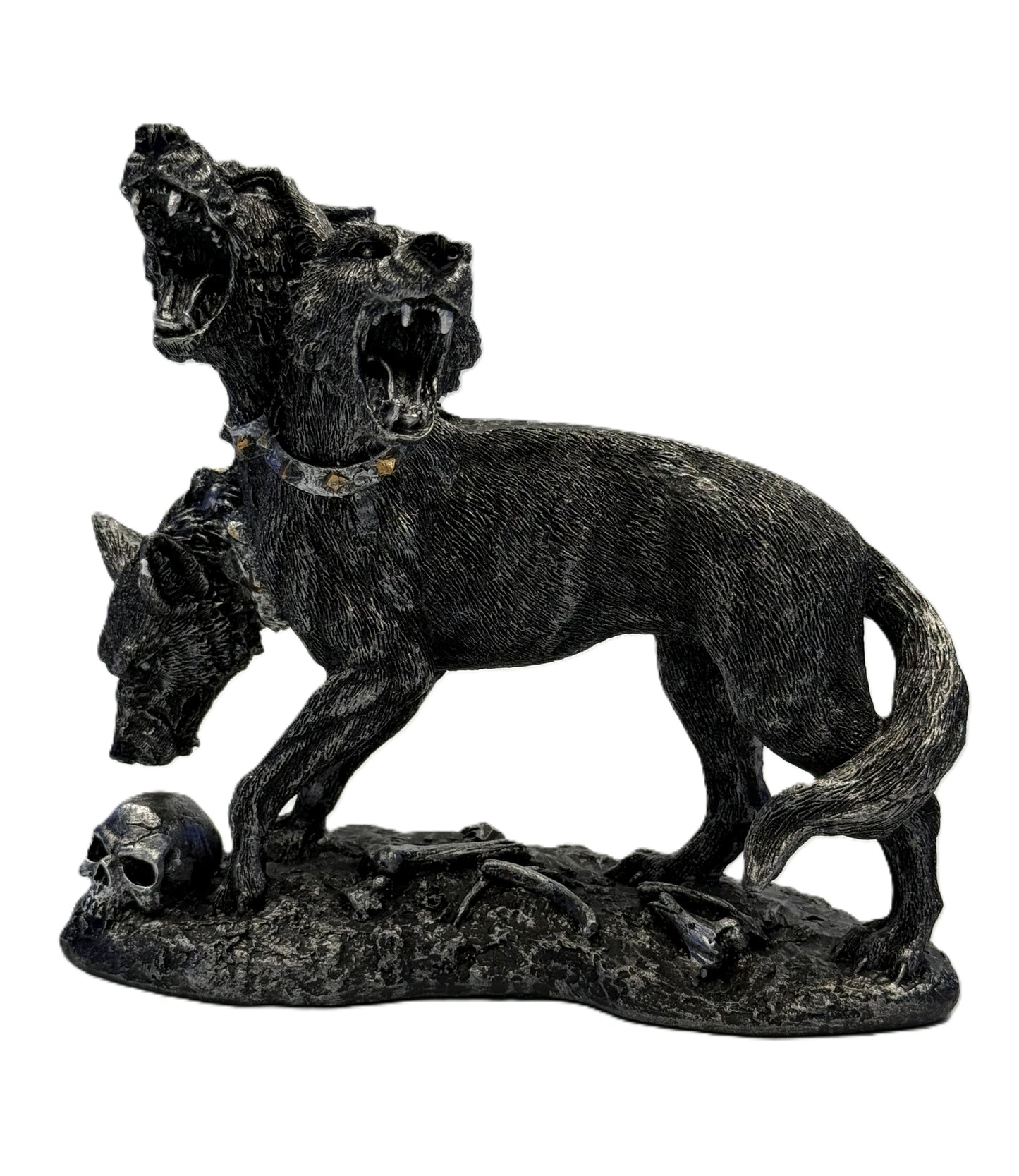 Left angled view of Cerberus statue showing three heads spiked collars and textured fur on gothic resin sculpture
