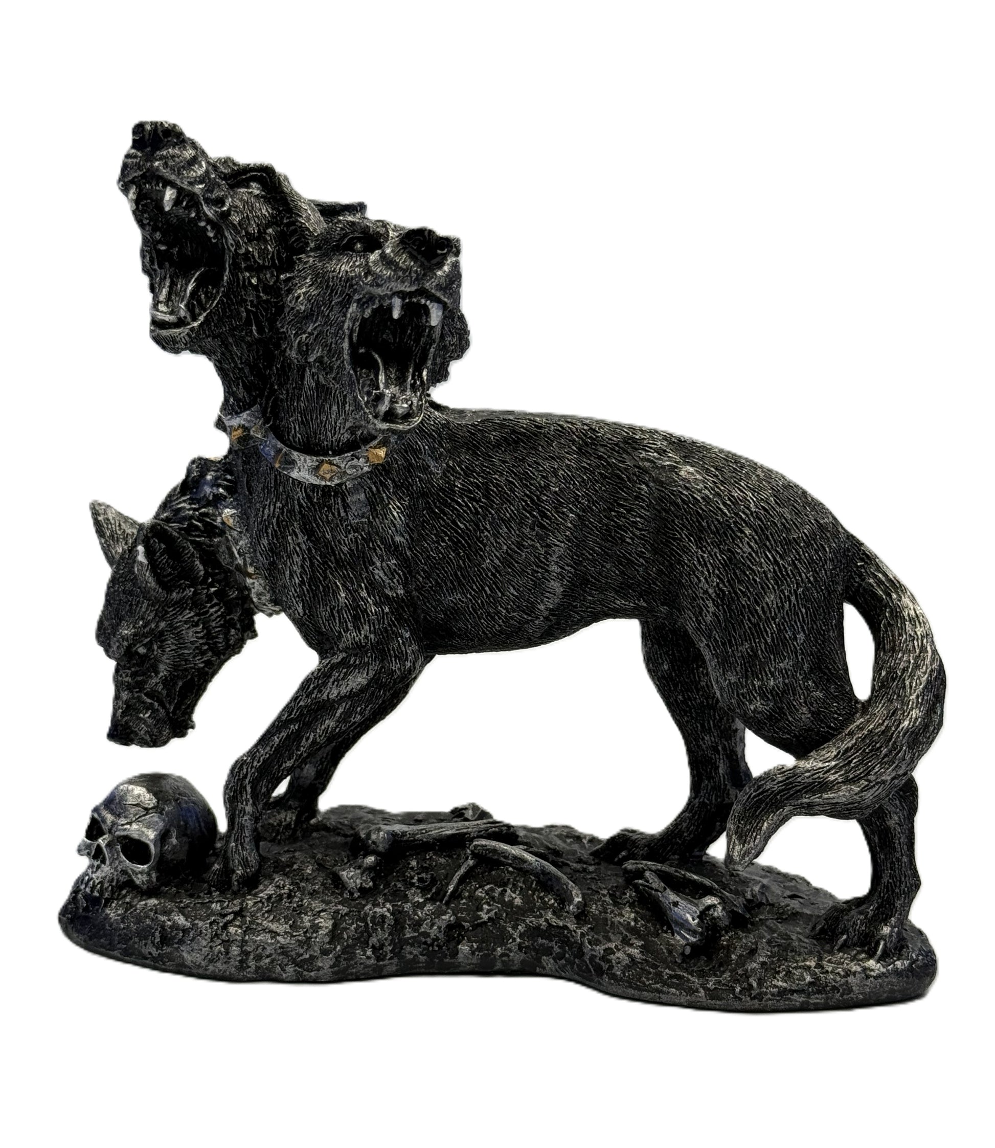 Left angled view of Cerberus statue showing three heads spiked collars and textured fur on gothic resin sculpture
