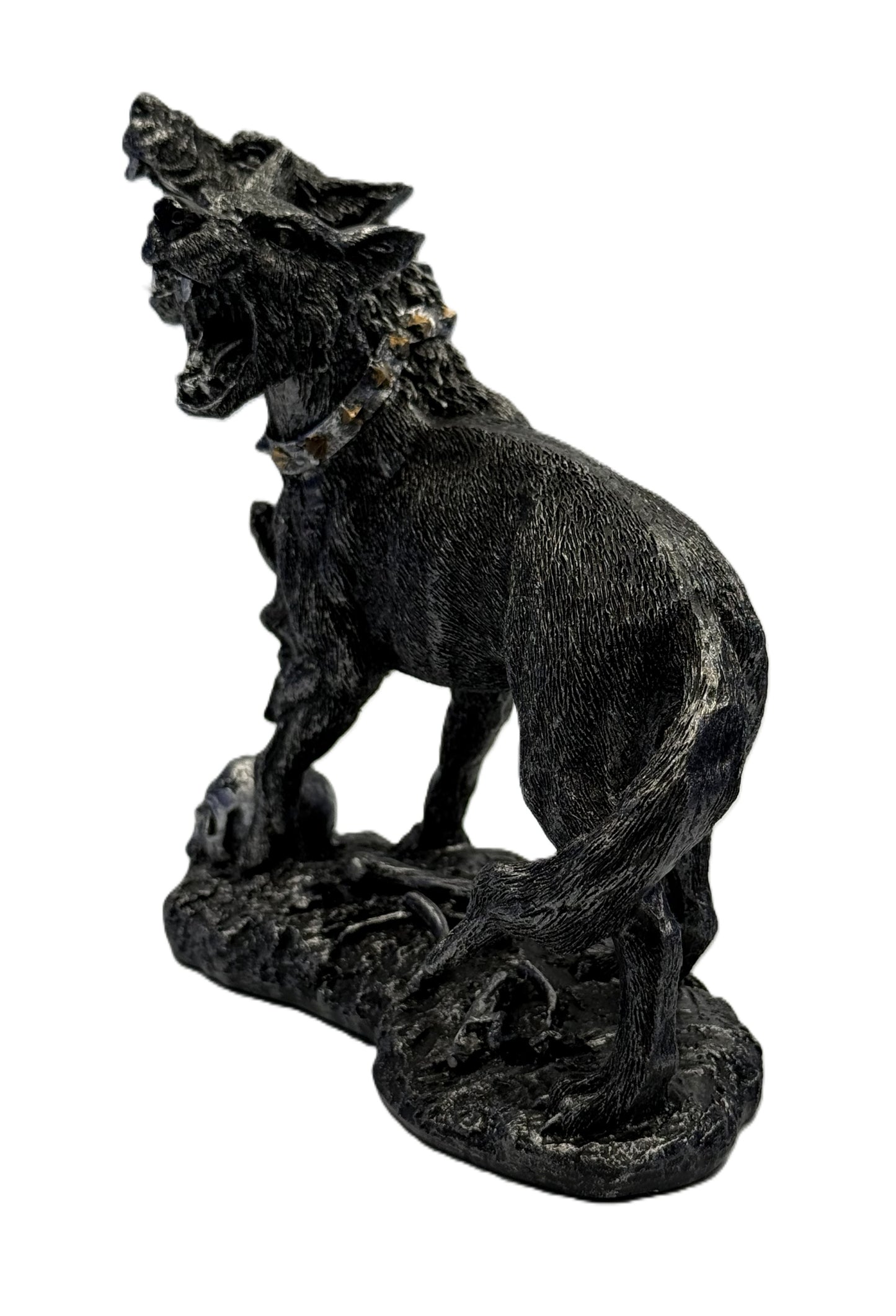 Rear angled left view of Cerberus sculpture highlighting muscular body curled tail and detailed fur texture
