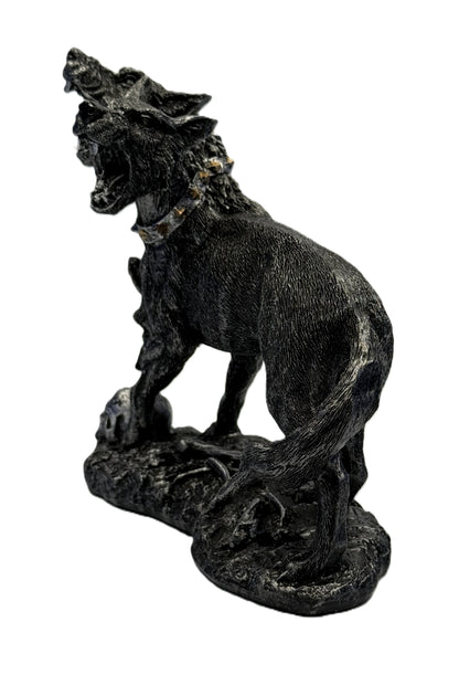 Rear angled left view of Cerberus sculpture highlighting muscular body curled tail and detailed fur texture

