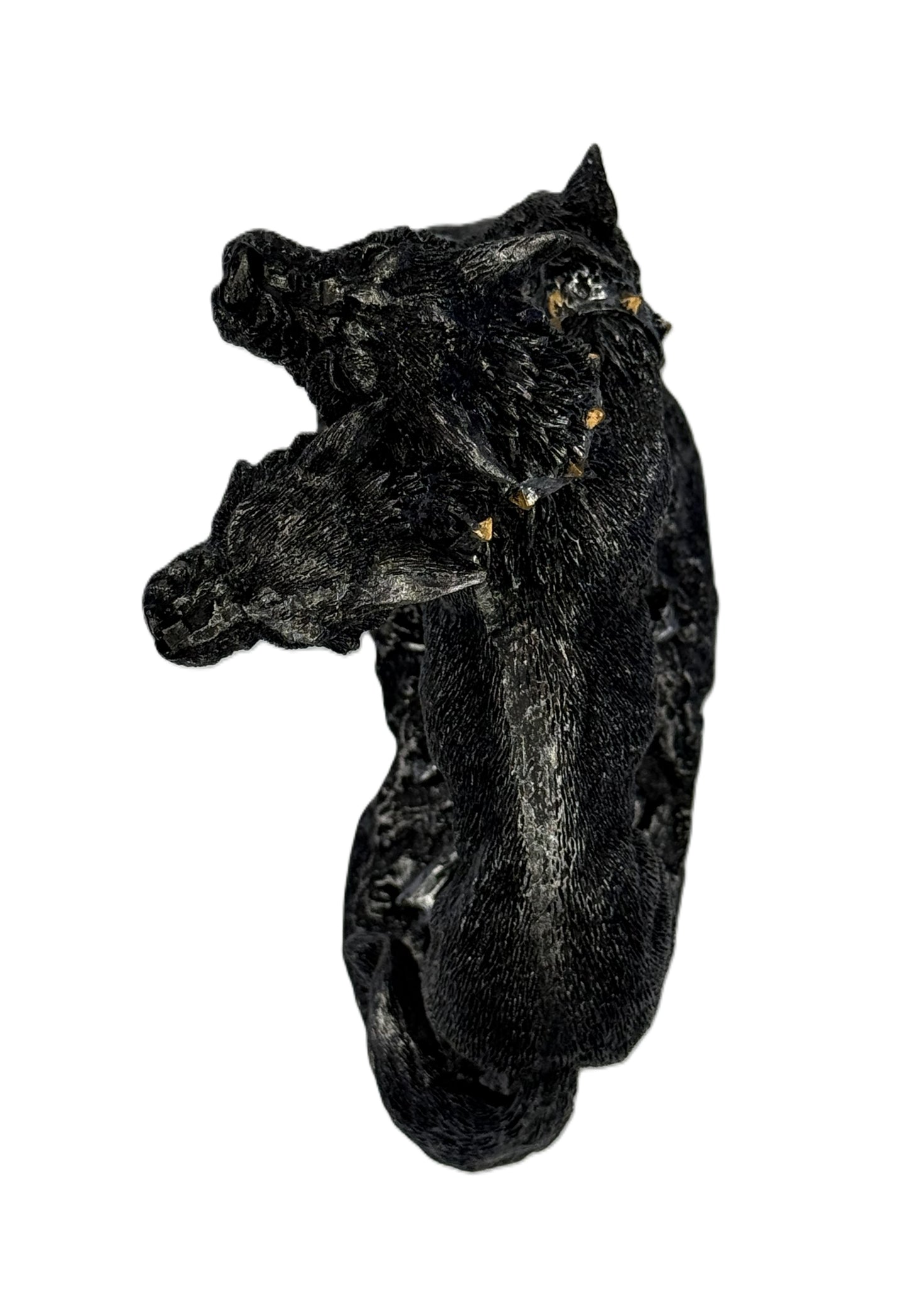 Top view of Cerberus three headed dog statue showing head arrangement spiked collars and textured fur pattern

