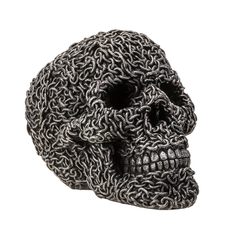 Angled view of chain skull decor showing depth and intricate detailing
