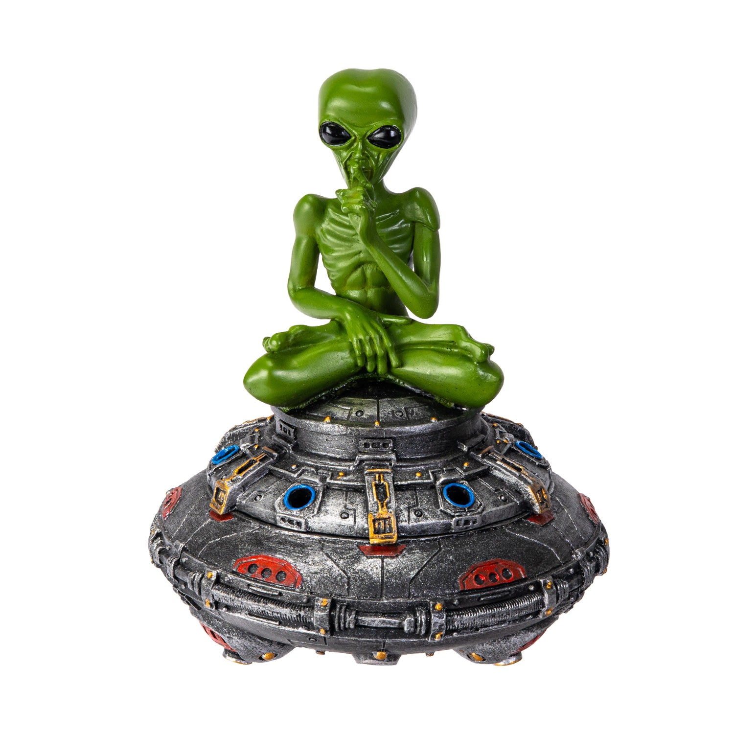 Front view of green alien meditating on UFO incense burner
