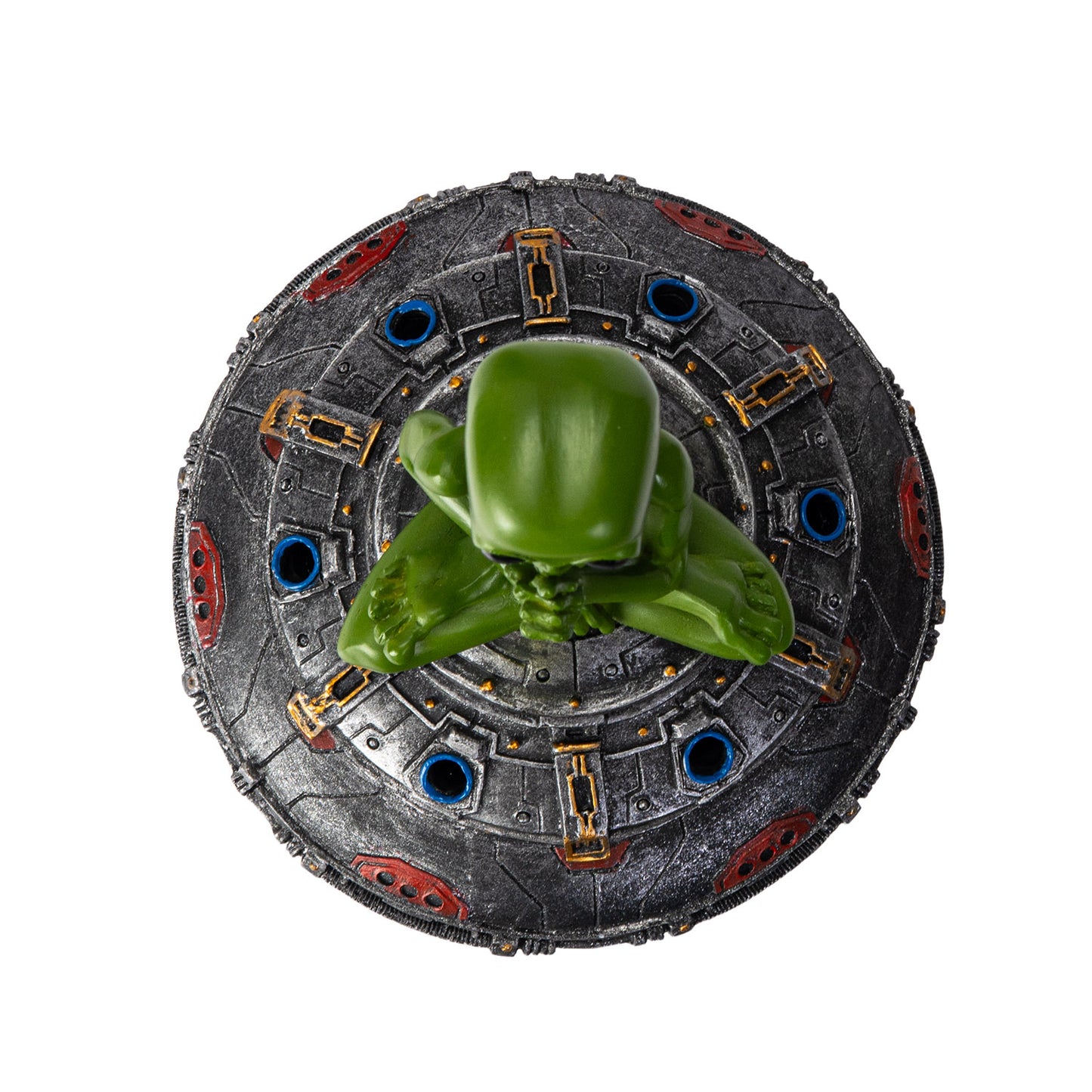 Top view of UFO incense burner with alien figure
