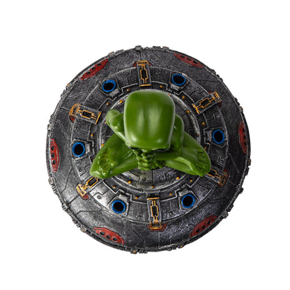 Top view of UFO incense burner with alien figure
