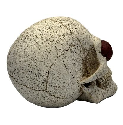 Right side view of creepy clown skull with red nose detailed cracks and sculpted bone texture

