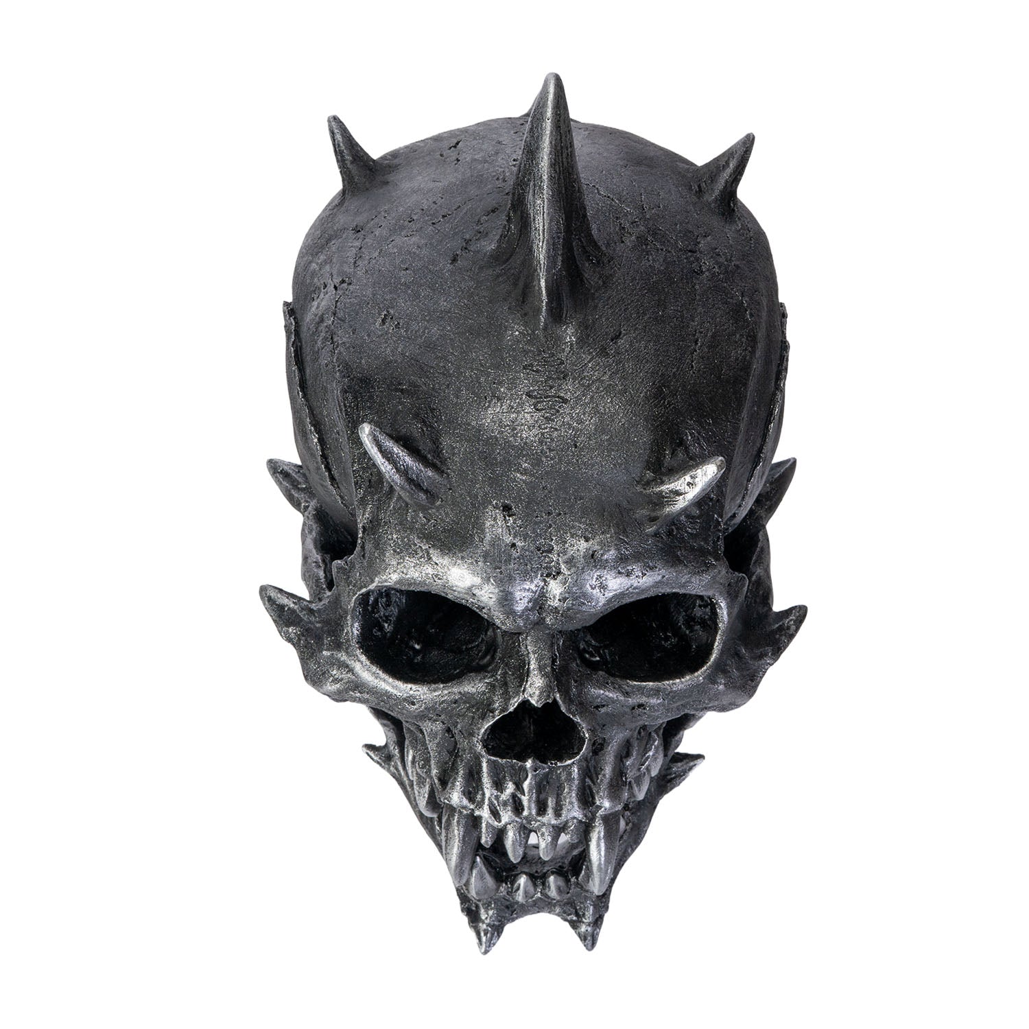 Angled front view of demon skull with detailed fangs and spikes
