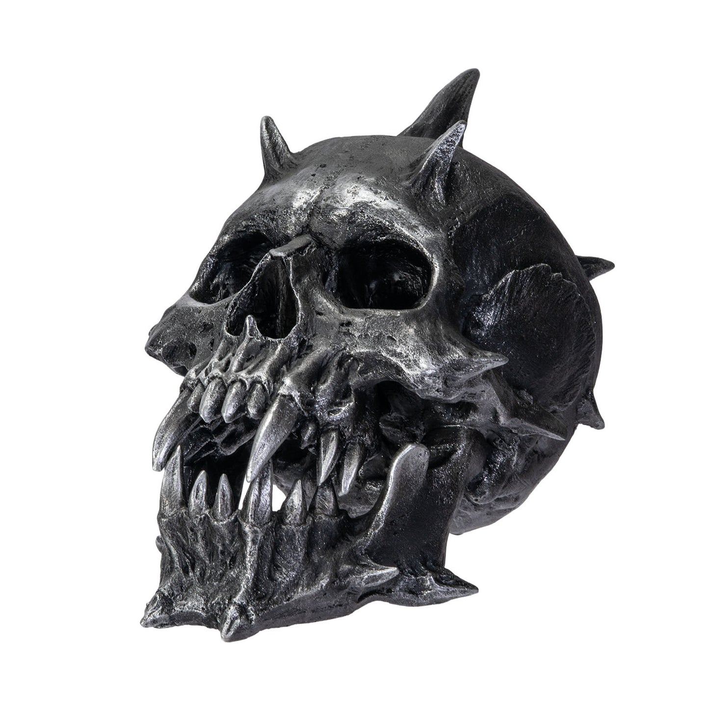 Perspective view of skull statue showing aggressive design and texture
