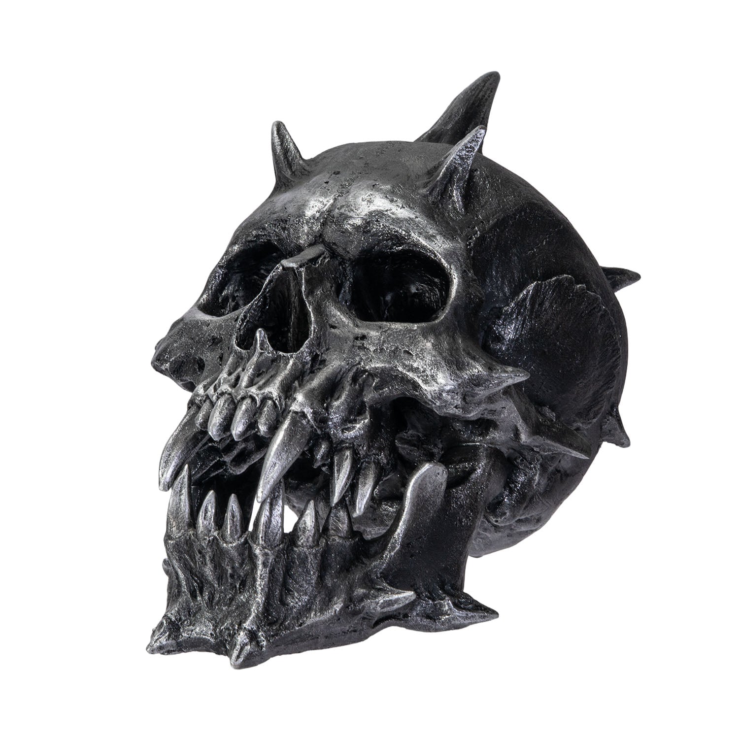 Perspective view of skull statue showing aggressive design and texture

